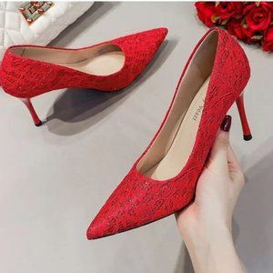 Rojey Vessi Wedding High Heels Red Sexy Elegant Lace Shallow Pumps Shoes Bride